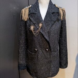 Black Sparkle Tweed Women's Blazer With Gold Shoulder Pads 10-12